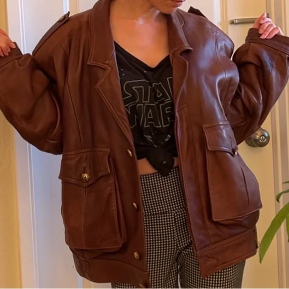Super soft vintage leather brown men’s bomber jacket Anne Beretta L